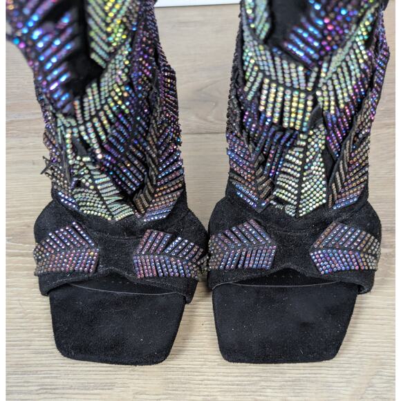 Azalea Wang Lianna Bootie Heels 6 Black Multicolor Crystal Feather Applique Glam - Picture 6 of 11